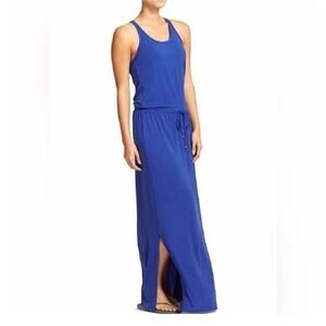Athleta Blue Racerback Maxi Dress Drawstring Waist Side Slit Built-In Bra XS